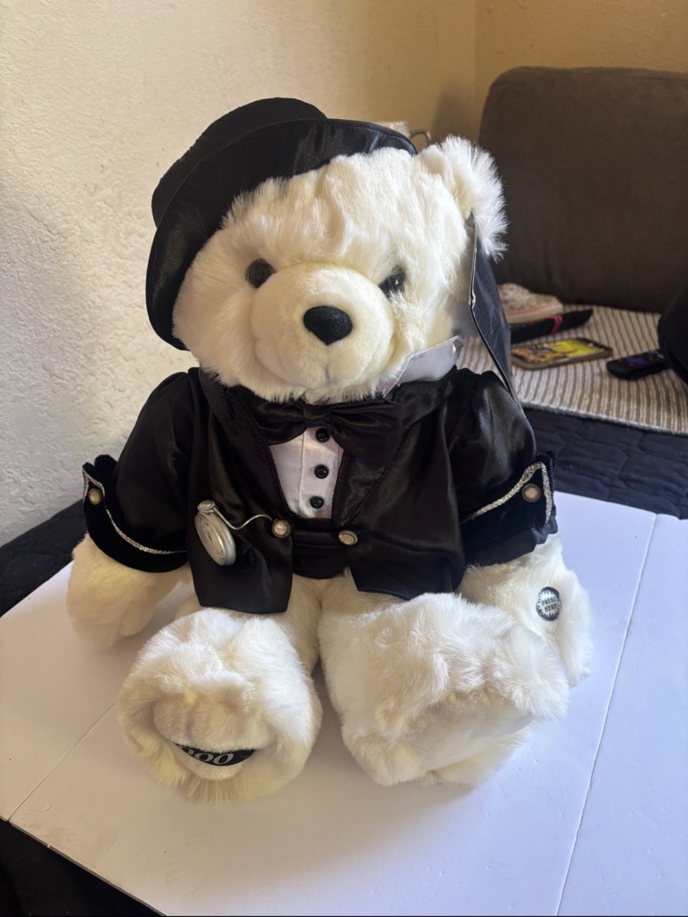 Plush White Teddy Bear in Black Tuxedo and Hat - Kids Toy
